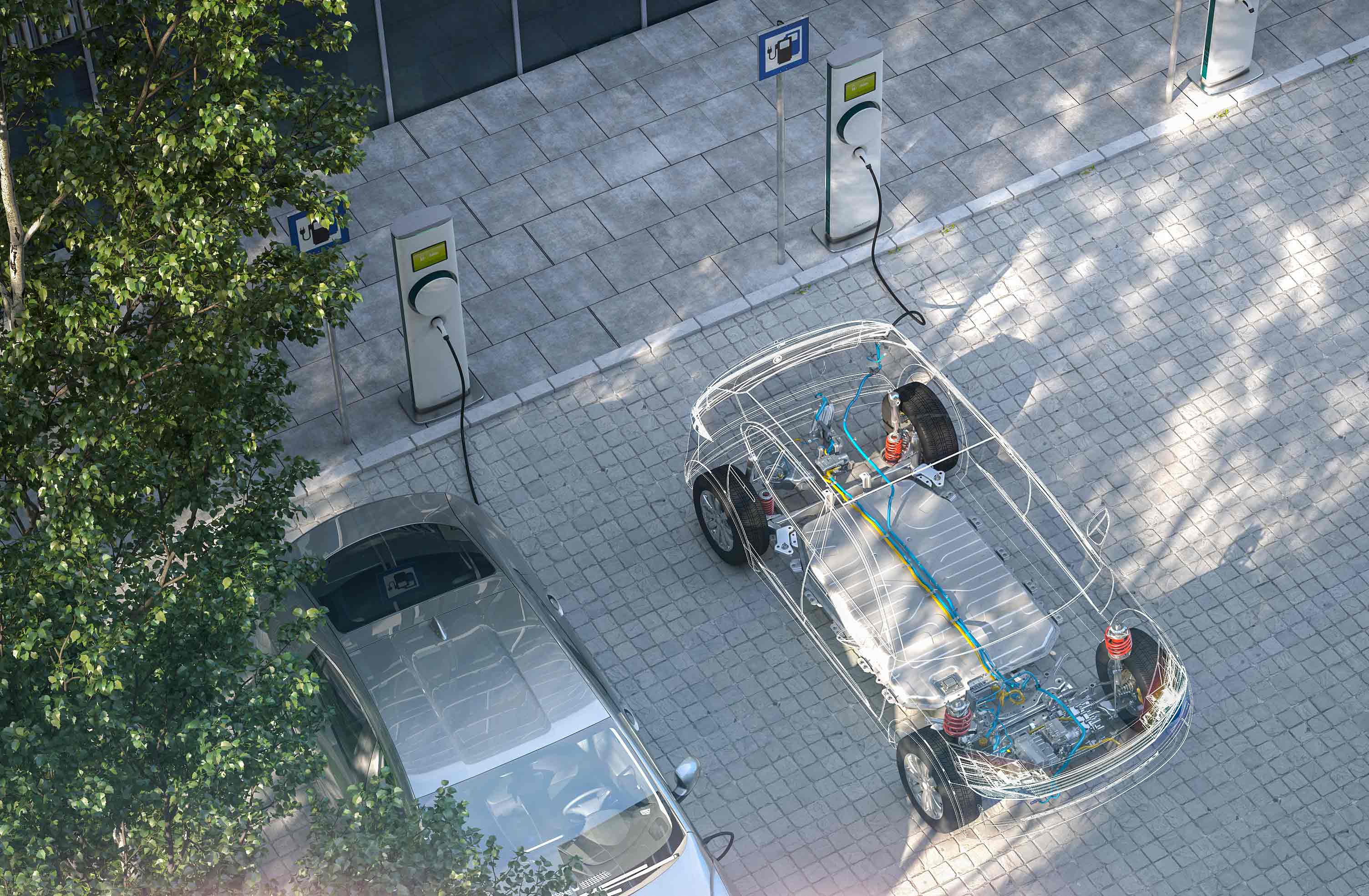 花瓣素材_通用电动汽车与电池可见x射线充电在城市停车场公共充电器3d渲染_141294025.jpg